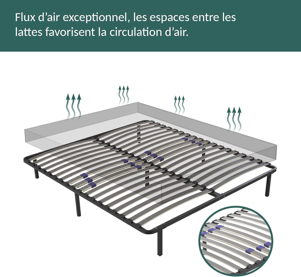 SAMPUR - Essential bed base 140 x 200 cm | Durable and comfortable | Feet included | Adjustable slats | Epoxy lacquered metal frame | Quick and easy assembly