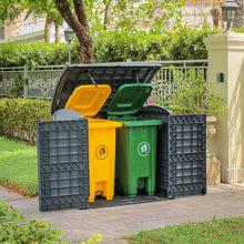 Load image into Gallery viewer, Duramax StoreAway 1200L Plastic Garden Shed/ Flat Lid, Outdoor Storage Shed, Wheelie Bin Hideaways, Wheelie bin box, Durable Construction, Ideal for Bikes, BBQs &amp; 2x 240L Bins, 145x85x125 cm, Brown
