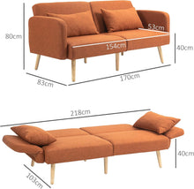 Load image into Gallery viewer, HOMCOM Canapé Convertible 3 Places, canapé-lit 2 Places, Dossier inclinable et accoudoirs réglables, canapé clic clac en Tissu Effet Lin, Pieds en Bois Massif, 2 Coussins lavables, Marron