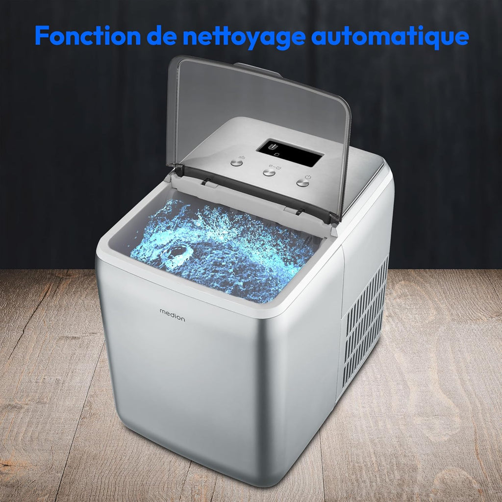 MEDION Ice maker (ice cube size small & large, 2.6 litre water tank, short production time approx. 10 minutes, crystal clear ice cubes, self-cleaning, control window, screen,