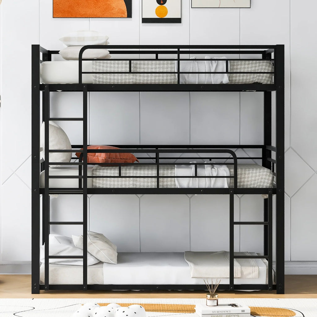 Harper & Bright Designs Metal Triple Bunk Bed Twin Over Twin Bunk Bed with Ladder and Safety Guardrail 3 Bunk Bed for Living Room Bedroom, Sliver