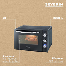 Load image into Gallery viewer, SEVERIN Mini-Four à chaleur tournante 42 L avec pierre à pizza et tournebroche, Four posable 1 800 W design élégant, électrique avec minuteur 120 min, Noir/Inox, TO 2058