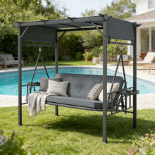 Load image into Gallery viewer, AECOJOY 2-in-1 Convertible Porch Swing Bed 3 Seat, Outdoor Patio Metal Pergola Swing