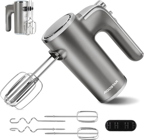 Aigostar Adela - Batteur Électrique, Batteur à Main Électrique Ultra Puissant de 400W. 5 Vitesses + Turbo, Bouton D'éjection. 1 Support de Rangement et 2 Batteurs et 2 Crochets Pétrisseurs.