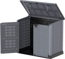Load image into Gallery viewer, Duramax StoreAway 1200L Plastic Garden Shed/ Flat Lid, Outdoor Storage Shed, Wheelie Bin Hideaways, Wheelie bin box, Durable Construction, Ideal for Bikes, BBQs &amp; 2x 240L Bins, 145x85x125 cm, Brown