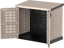 Load image into Gallery viewer, Duramax StoreAway 1200L Plastic Garden Shed/ Flat Lid, Outdoor Storage Shed, Wheelie Bin Hideaways, Wheelie bin box, Durable Construction, Ideal for Bikes, BBQs &amp; 2x 240L Bins, 145x85x125 cm, Brown