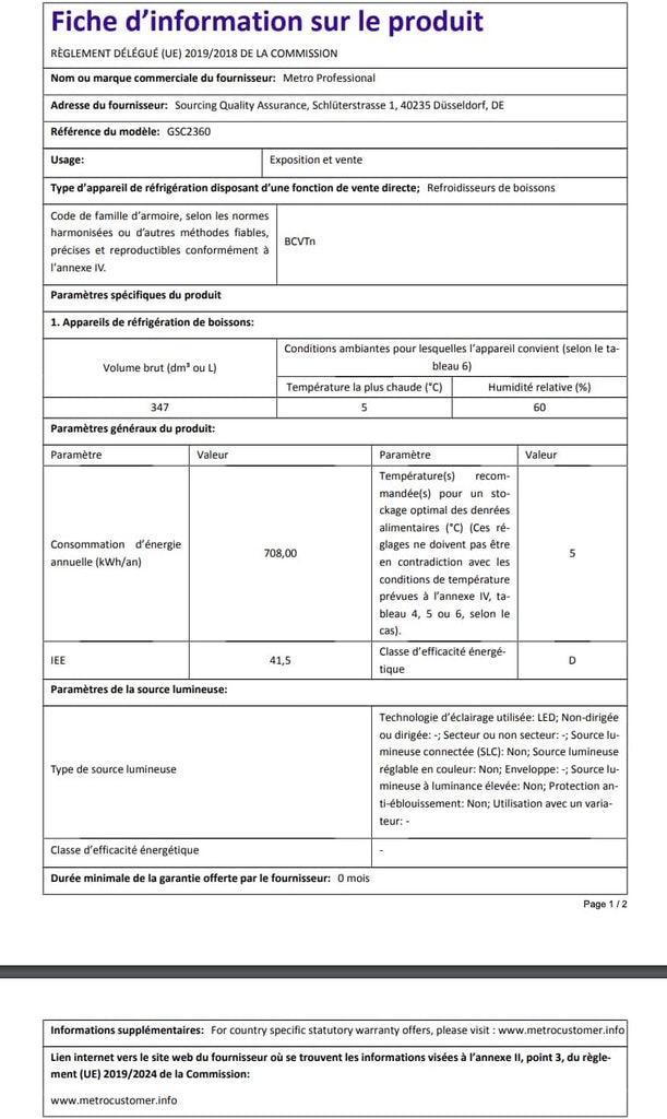 METRO Professional Réfrigérateur à Boissons GSC2360B, Acier/Verre, 62 x 63.6 x 175.3 cm, 347 L, avec Serrure, Noir