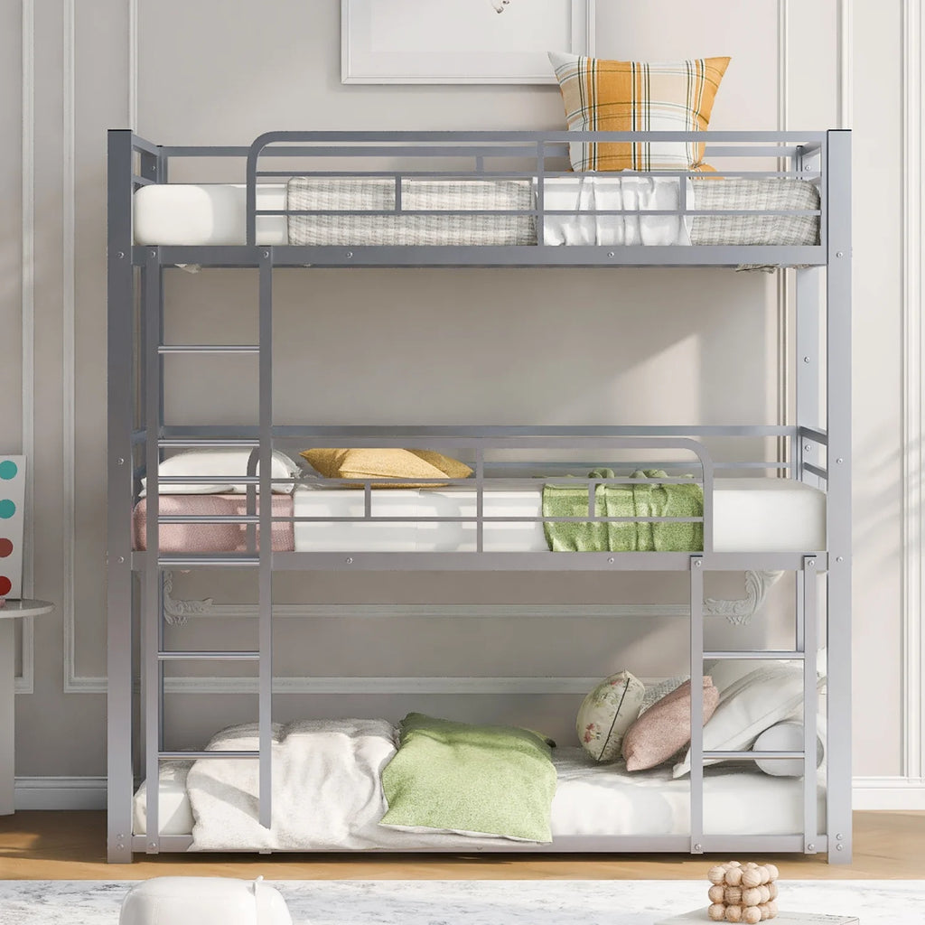 Harper & Bright Designs Metal Triple Bunk Bed Twin Over Twin Bunk Bed with Ladder and Safety Guardrail 3 Bunk Bed for Living Room Bedroom, Sliver