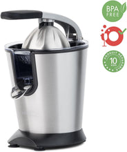 Load image into Gallery viewer, H.Koenig AGR80 160W Professional Electric Citrus Juicer Stainless Steel Lever and Filter Drip Free BPA Free Dishwasher Safe Parts