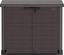 Load image into Gallery viewer, Duramax StoreAway 1200L Plastic Garden Shed/ Flat Lid, Outdoor Storage Shed, Wheelie Bin Hideaways, Wheelie bin box, Durable Construction, Ideal for Bikes, BBQs &amp; 2x 240L Bins, 145x85x125 cm, Brown