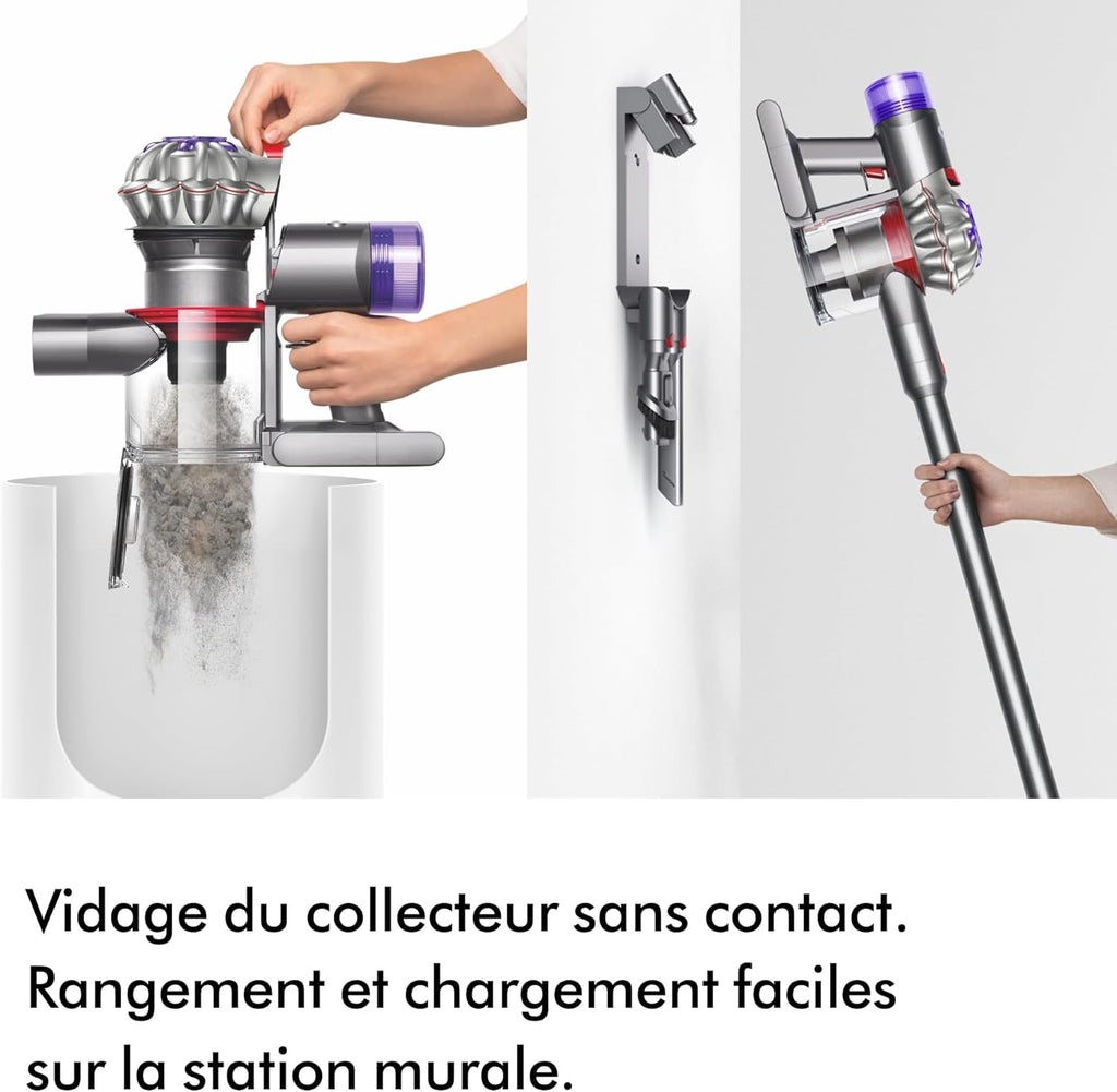 Dyson V8 Advanced™ Aspirateur Balai sans Fil – 130 AW, 40 Min d’autonomie, Brosse Motorbar Auto-démêlante, Accessoires combinés, Station Murale, Argent/Nickel