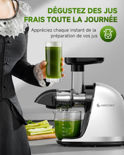 Load image into Gallery viewer, AMZCHEF Extracteur Jus - Extracteur de Jus de Fruits et Légumes - Presses-agrumes à Froid sans BPA avec 2 Tasses et Brosse - Fonction de Mastication Inversée pour Éviter les Blocages - Argent