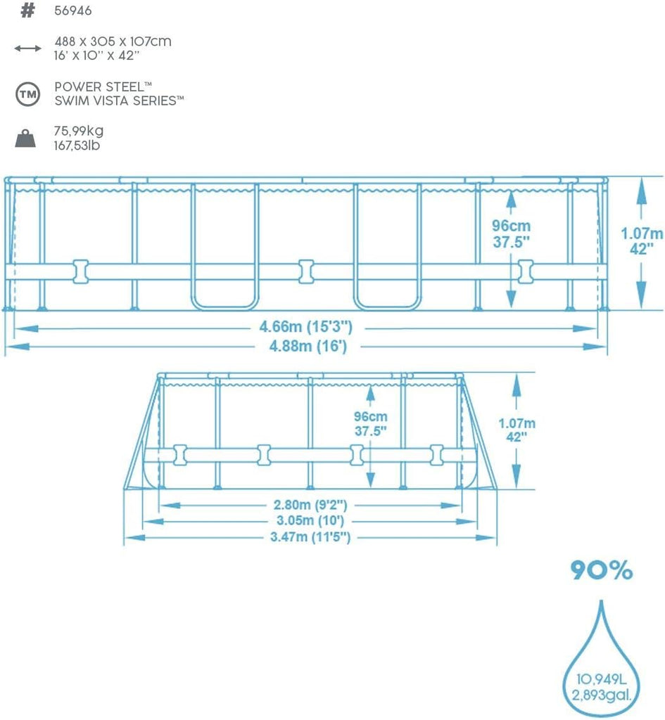 Bestway 56946 Piscine Power Steel™ Swim Vista ovale 488 x 305 x 107 cm motif rotin avec hublots, filtration à sable, échelle, bâche et diffuseur Chemconnect™
