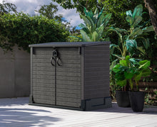 Load image into Gallery viewer, Duramax StoreAway 1200L Plastic Garden Shed/ Flat Lid, Outdoor Storage Shed, Wheelie Bin Hideaways, Wheelie bin box, Durable Construction, Ideal for Bikes, BBQs &amp; 2x 240L Bins, 145x85x125 cm, Brown