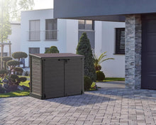 Load image into Gallery viewer, Duramax StoreAway 1200L Plastic Garden Shed/ Flat Lid, Outdoor Storage Shed, Wheelie Bin Hideaways, Wheelie bin box, Durable Construction, Ideal for Bikes, BBQs &amp; 2x 240L Bins, 145x85x125 cm, Brown