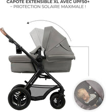 Load image into Gallery viewer, Kinderkraft MOOV2 Poussette 3 en 1, Système de voyage de la naissance à 27 kg, Siège auto Mink PRO I-Size inclus, Capote extensible avec filtre UPF50+, Accessoires pratiques, Gris