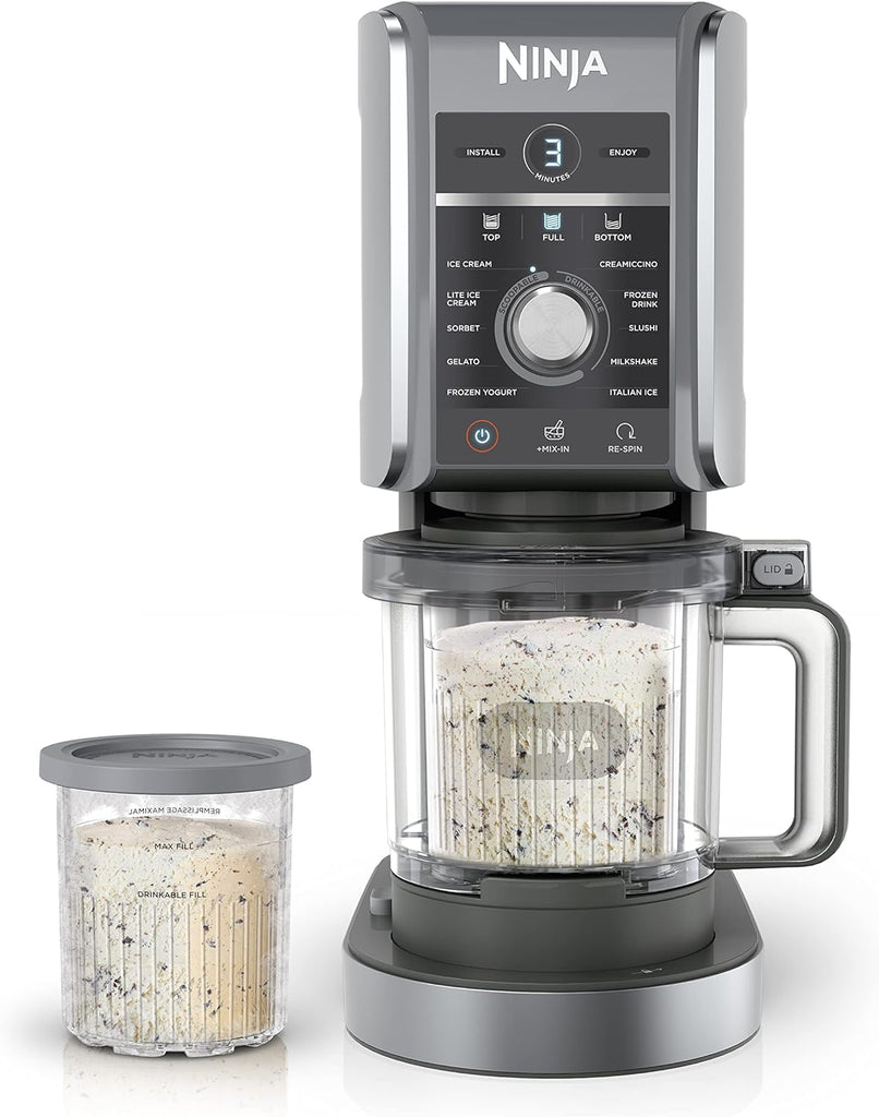 Ninja NC301 CREAMi Ice Cream Maker, for Gelato, Mix-ins, Milkshakes, Sorbet, Smoothie Bowls & More, 7 One-Touch Programs, with (2) Pint Containers & Lids, Compact Size, Perfect for Kids, Silver