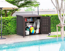 Load image into Gallery viewer, Duramax StoreAway 1200L Plastic Garden Shed/ Flat Lid, Outdoor Storage Shed, Wheelie Bin Hideaways, Wheelie bin box, Durable Construction, Ideal for Bikes, BBQs &amp; 2x 240L Bins, 145x85x125 cm, Brown