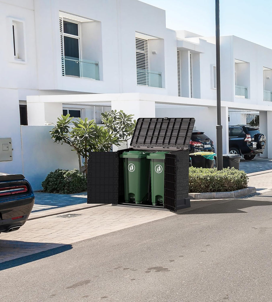 Duramax StoreAway 1200L Plastic Garden Shed/ Flat Lid, Outdoor Storage Shed, Wheelie Bin Hideaways, Wheelie bin box, Durable Construction, Ideal for Bikes, BBQs & 2x 240L Bins, 145x85x125 cm, Brown