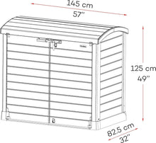 Load image into Gallery viewer, Duramax StoreAway 1200L Plastic Garden Shed/ Flat Lid, Outdoor Storage Shed, Wheelie Bin Hideaways, Wheelie bin box, Durable Construction, Ideal for Bikes, BBQs &amp; 2x 240L Bins, 145x85x125 cm, Brown