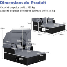 Load image into Gallery viewer, Chaise Longue à 2 Places en Rotin avec Auvent Rétractable Bain de Soleil avec Panneaux Latéraux Pliables Charge 360KG Beige/Gris