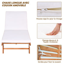 Load image into Gallery viewer, Chaise Longue Pliable en Bois avec 2 Roues et un Coussin Amovible Dossier Réglable Capacité Portante 160KG Idéal pour L’extérieur