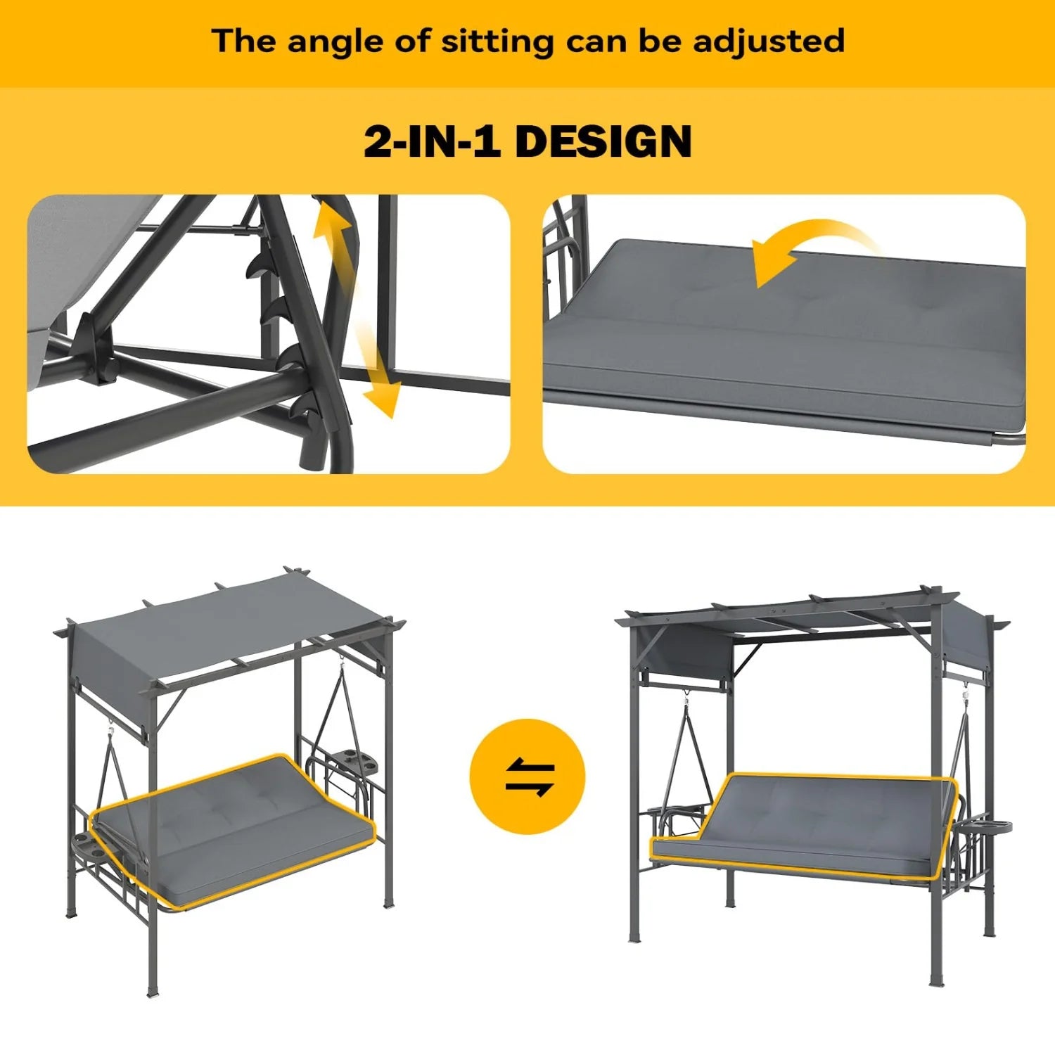 AECOJOY 2-in-1 Convertible Porch Swing Bed 3 Seat, Outdoor Patio Metal Pergola Swing