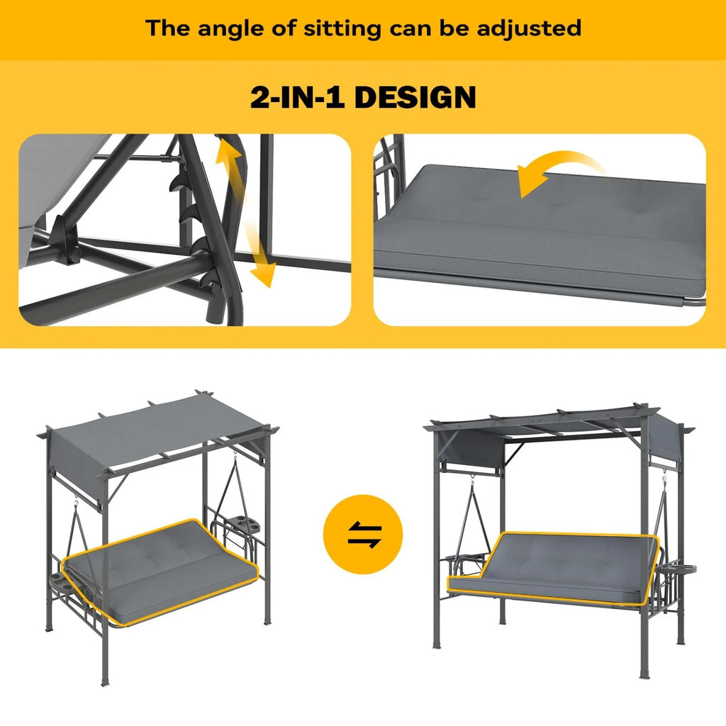 AECOJOY 2-in-1 Convertible Porch Swing Bed 3 Seat, Outdoor Patio Metal Pergola Swing